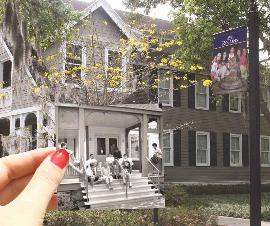 Students gathered on the front porch of Pinehurst Cottage after the building was remodled and rededicated in 1987.